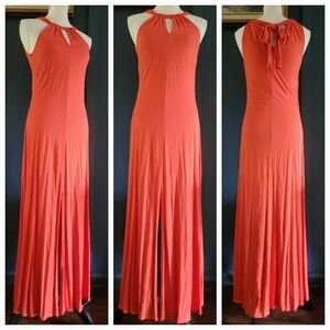 Ann Taylor Orange Stretch Halter Tie Neck High Front Slits Maxi Dress Size Small